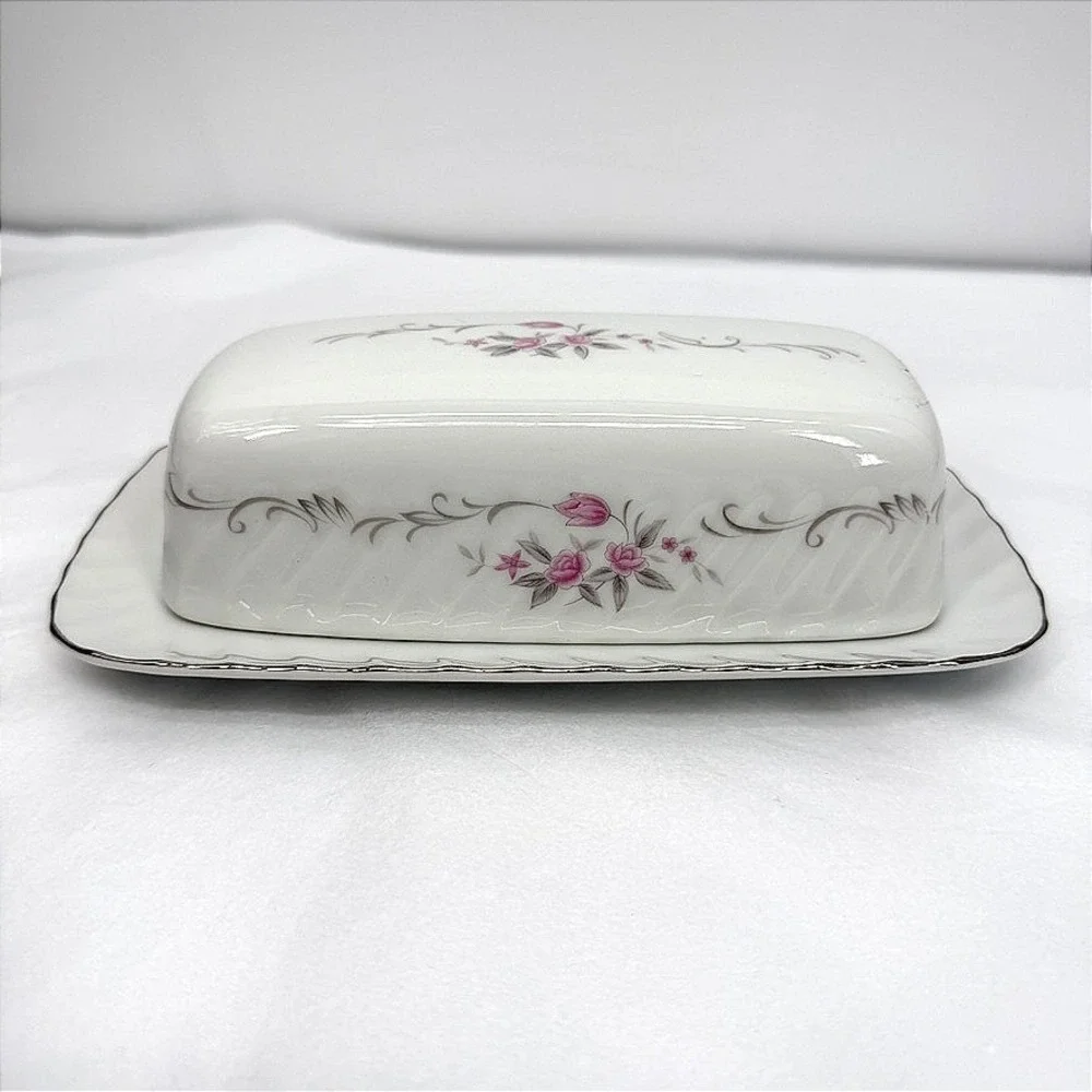 Gold Standard Butter Dish Floral Pink Rose Silver Trim Vintage Whimsical NOS
